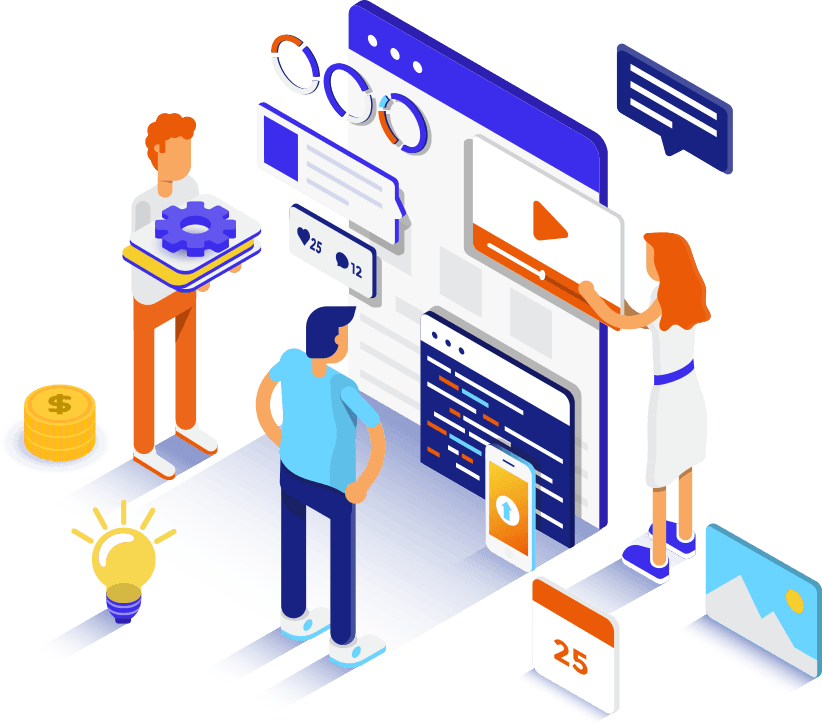 Team collaborating around a digital product interface